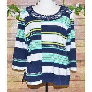 Alfred Dunner Ladies Petite XL Blue Striped Blouse 3/4 Sleeve Stretch Knit Top C